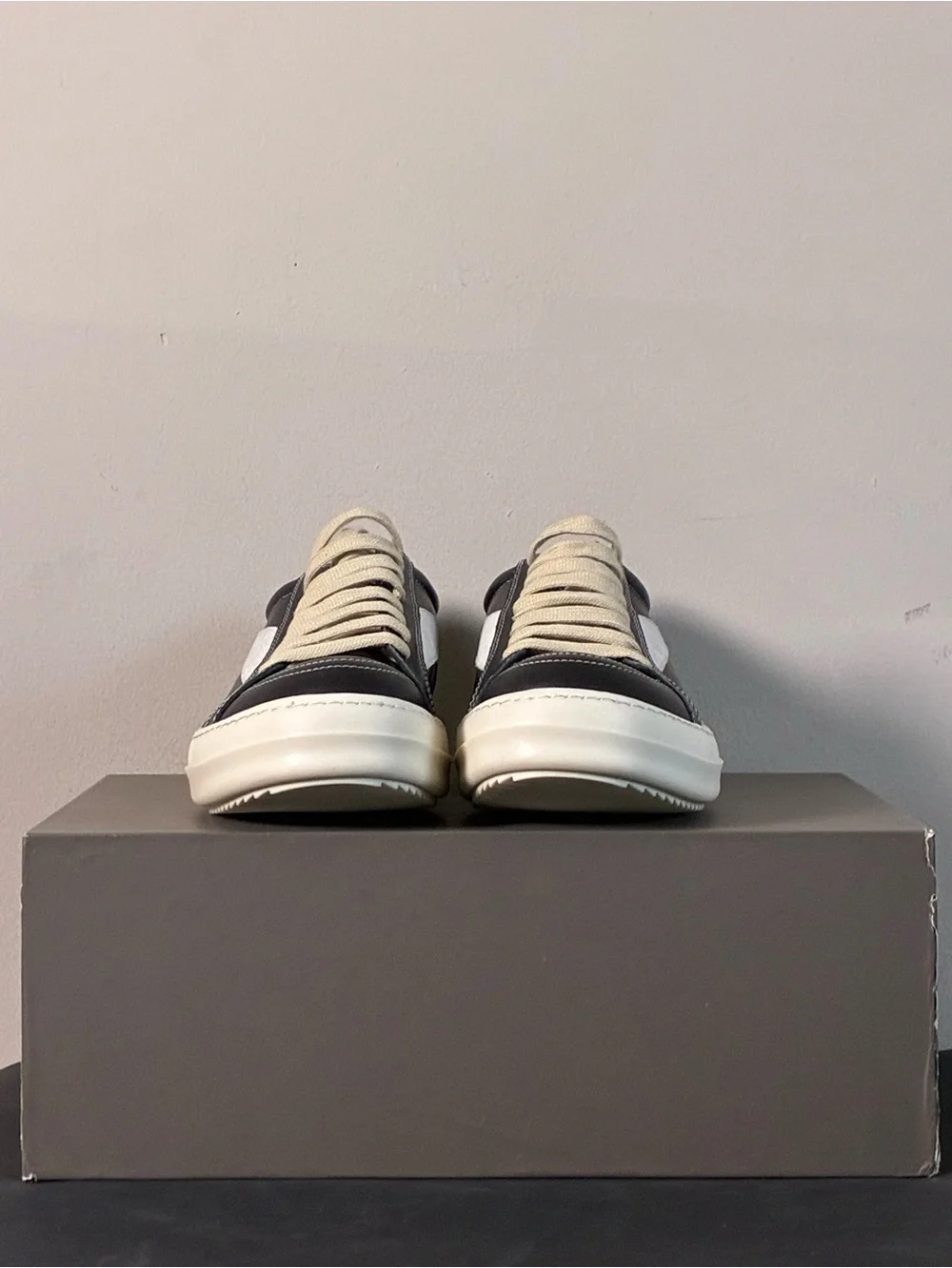 Rick Owens Black Leather Low-Top Sneakers with Cream Accents